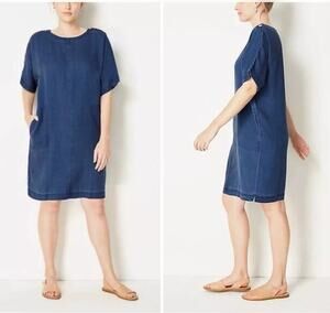 PureJill Indigo Shift Dress SP Denim Chambray Short Sleeve Summer Lagenlook Boxy